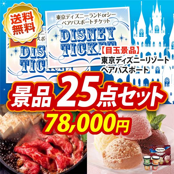 ビンゴ景品25点セット【ディズニーペアチケット/国産黒毛和牛前バラすき焼き用300g 他】A3パネル・目録付き<送料無料>