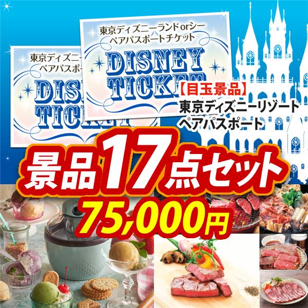 ビンゴ景品17点セット【ディズニーペアチケット/Toffy アイスクリームメーカー 他】A3パネル・目録付き<送料無料>