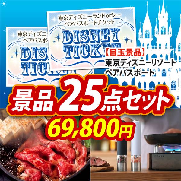 ビンゴ景品25点セット【ディズニーペアチケット/国産黒毛和牛前バラすき焼き用300g 他】A3パネル・目録付き<送料無料>