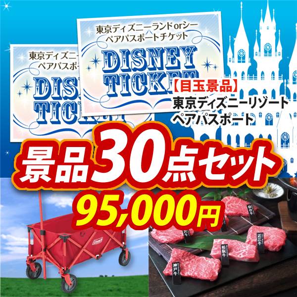 ビンゴ景品30点セット【ディズニーペアチケット/Coleman アウトドアワゴン 他】A3パネル・目録付き<送料無料>