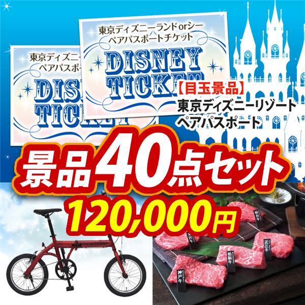 ビンゴ景品40点セット【ディズニーペアチケット/折りたたみ自転車16インチ 他】A3パネル・目録付き<送料無料>