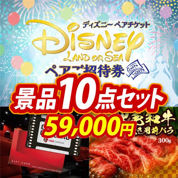 ビンゴ景品10点セット【ディズニーペアチケット/東宝シネマ　ペアチケット 他】A3パネル・目録付き<送料無料>