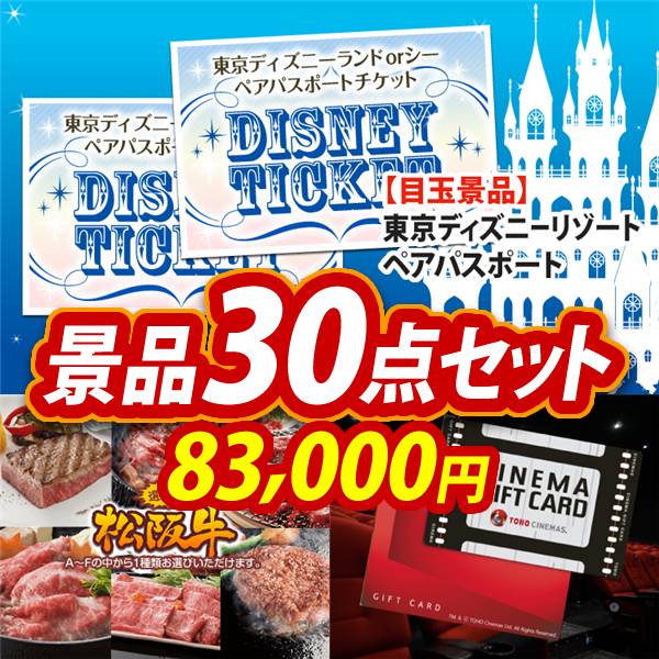 ビンゴ景品30点セット【ディズニーペアチケット/選べる一品景品【松阪牛】 他】A3パネル・目録付き<送料無料>