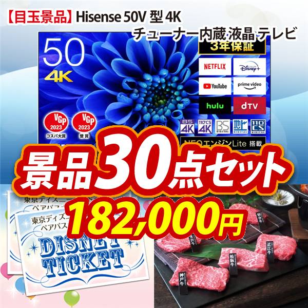 ビンゴ景品30点セット【Hisense 50V型 4Kチューナー内蔵 液晶 テレビ/ディズニーペアチケット 他】A3パネル・目録付き<送料無料>
