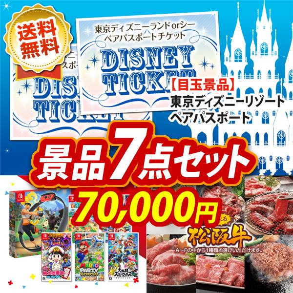 ビンゴ景品7点セット【ディズニーペアチケット/選べる!Switchゲームソフト 他】A3パネル・目録付き<送料無料>
