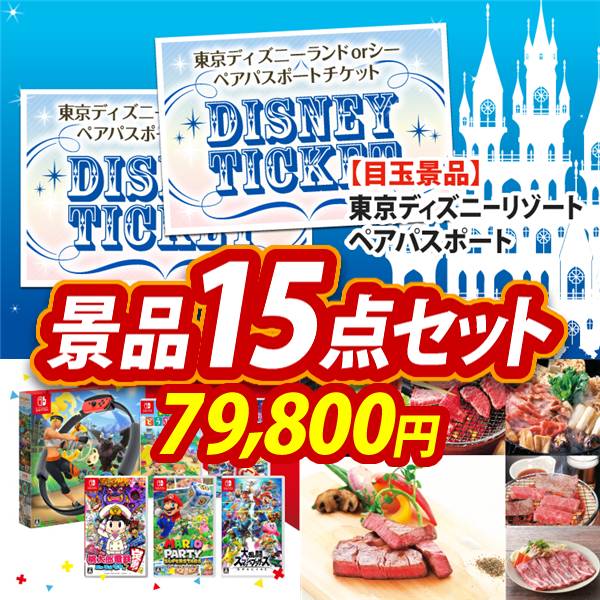 ビンゴ景品15点セット【ディズニーペアチケット/選べる!Switchゲームソフト 他】A3パネル・目録付き<送料無料>