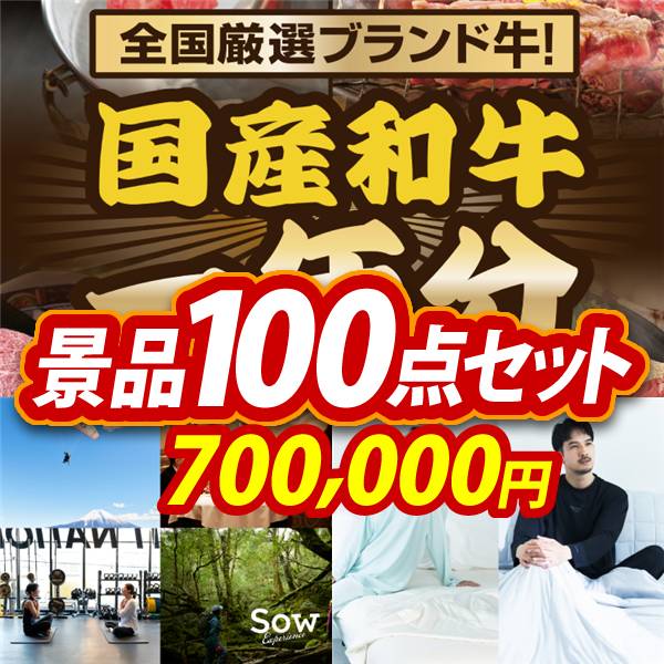 ビンゴ景品100点セット【全国ブランド和牛1年分(毎月300~400g×12回)/選べる体験ギフトBROWN 他】A3パネル・目録付き<送料無料>