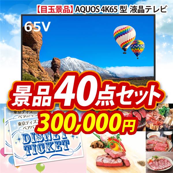 ビンゴ景品40点セット【AQUOS 4K65型　液晶テレビ/ディズニーペアチケット 他】A3パネル・目録付き<送料無料>