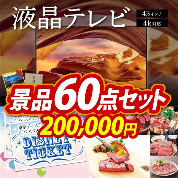 ビンゴ景品60点セット【4K対応液晶テレビ43インチ/ディズニーペアチケット 他】A3パネル・目録付き<送料無料>