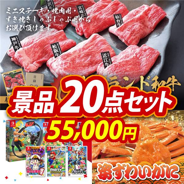 ビンゴ景品20点セット【6大ブランド和牛食べ比べセット/選べる!Switchゲームソフト 他】A3パネル・目録付き<送料無料>　55,000円; ?>