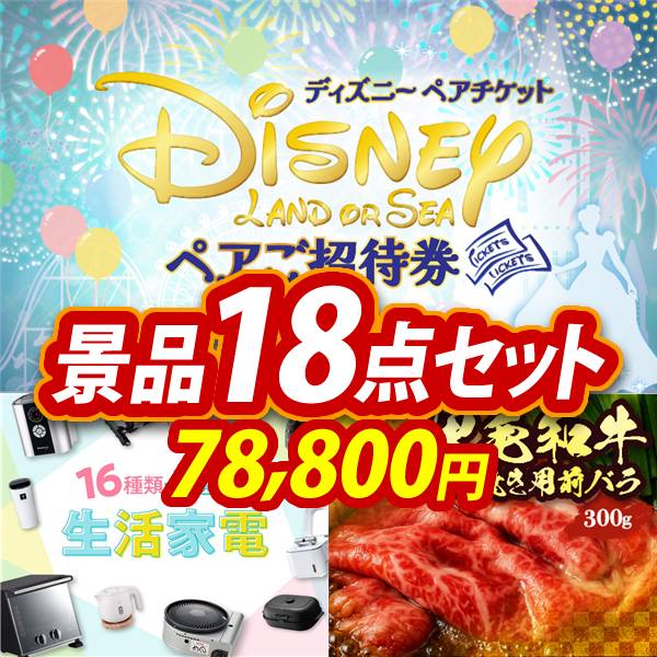 ビンゴ景品18点セット【ディズニーペアチケット/選べる生活家電 他】A3パネル・目録付き<送料無料>
