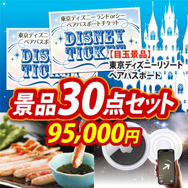 ビンゴ景品30点セット【ディズニーペアチケット/ずわいがにしゃぶポーション 他】A3パネル・目録付き<送料無料>