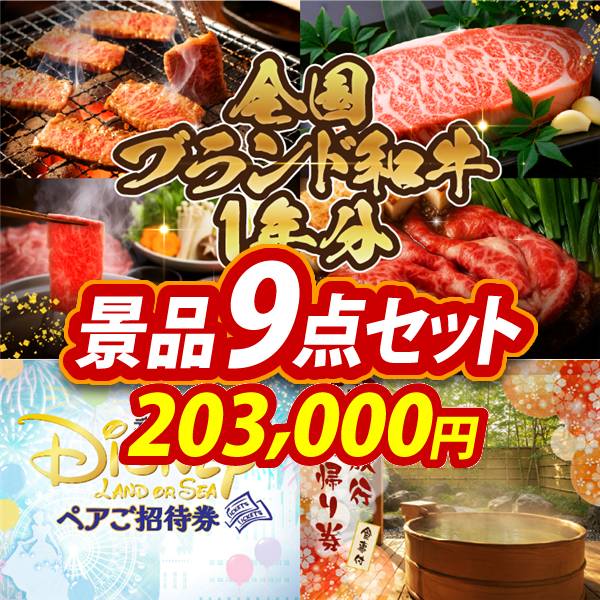 ゴルフコンペ景品9点セット【全国ブランド和牛1年分(毎月300~400g×12回)/ディズニーペアチケット 他】A3パネル・目録付き<送料無料>