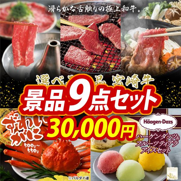 ゴルフコンペ景品9点セット【選べる一品 宮崎牛/姿ずわいがに 他】A3パネル・目録付き<送料無料>