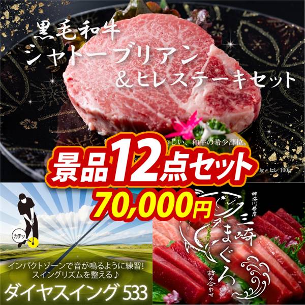 ゴルフコンペ景品12点セット【黒毛和牛シャトーブリアン&ヒレステーキセット/ダイヤスイング533 他】A3パネル・目録付き<送料無料>