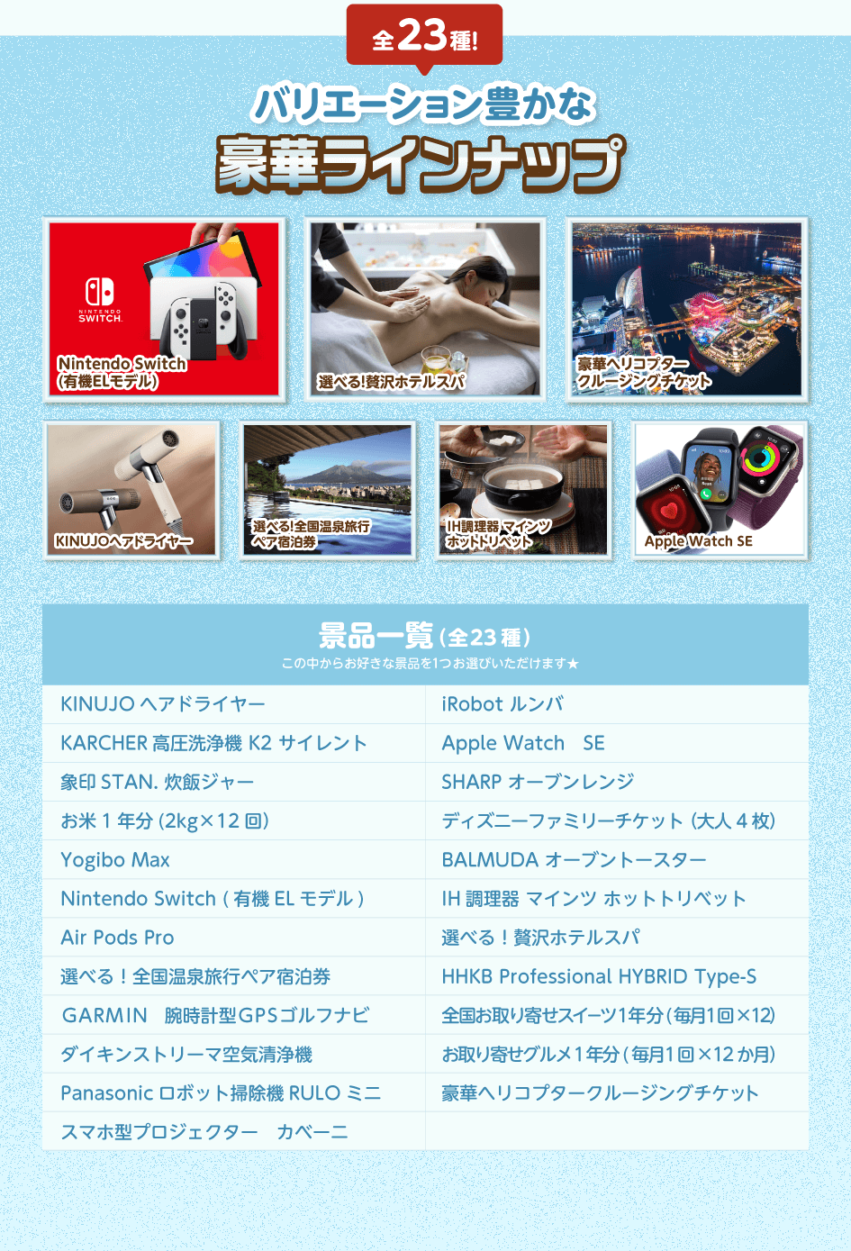 全23種!バリエーション豊かな豪華ラインナップ/KINUJO ヘアドライヤー・KARCHER 高圧洗浄機 K2 サイレント・象印 STAN.炊飯ジャー・お米1年分(2kg×12回)・Yogibo Max・Nintendo Switch(有機ELモデル)・Air Pods Pro・選べる!全国温泉旅行ペア宿泊券・GARMIN 腕時計型GPSゴルフナビ・ダスキンストリーマ空気清浄機・Panasonic ロボット掃除機 RULO ミニ・スマホ型プロジェクター カベーニ・iRobot ルンバ・Apple Watch SE・SHARP オーブンレンジ・ディズニーファミリーチケット(大人4枚)・BALMUDA オーブントースター・IH調理器 マインツ ホットトリベット・選べる!贅沢ホテルスパ・HHKB Professional HYBRID Type-S・全国お取り寄せスイーツ1年分(毎月1回×12)・お取り寄せグルメ1年分(毎月1回×12か月)・豪華ヘリコプタークルージングチケット/この中からお好きな景品を1つお選びいただけます★
