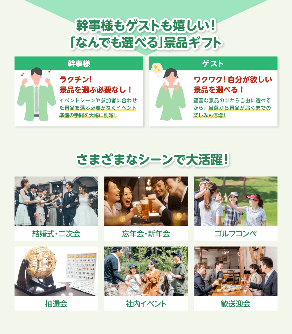 幹事様もゲストも嬉しい!「なんでも選べる」景品ギフト 幹事様:ラクチン!景品を選ぶ必要なし!イベントシーンや参加者に合わせた景品を選ぶ必要がなくイベント準備の手間を大幅に削減!/ゲスト:ワクワク!自分が欲しい景品を選べる!豊富な景品の中から自由に選べるから、当選から景品が届くまでの楽しみも倍増!/さまざまなシーンで大活躍!結婚式・二次会・忘年会・新年会・ゴルフコンペ・抽選会・社内イベント・歓送迎会