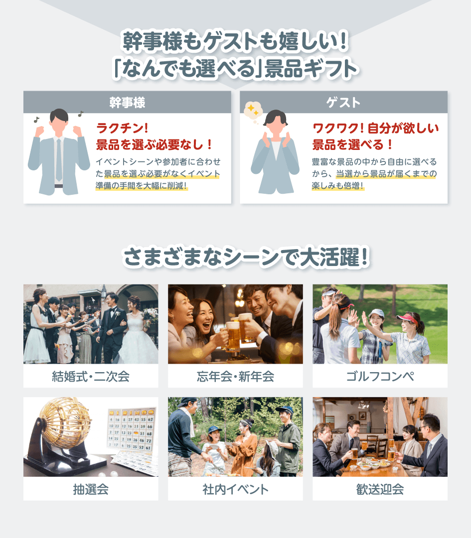 幹事様もゲストも嬉しい!「なんでも選べる」景品ギフト 幹事様:ラクチン!景品を選ぶ必要なし!イベントシーンや参加者に合わせた景品を選ぶ必要がなくイベント準備の手間を大幅に削減!/ゲスト:ワクワク!自分が欲しい景品を選べる!豊富な景品の中から自由に選べるから、当選から景品が届くまでの楽しみも倍増!/さまざまなシーンで大活躍!結婚式・二次会・忘年会・新年会・ゴルフコンペ・抽選会・社内イベント・歓送迎会