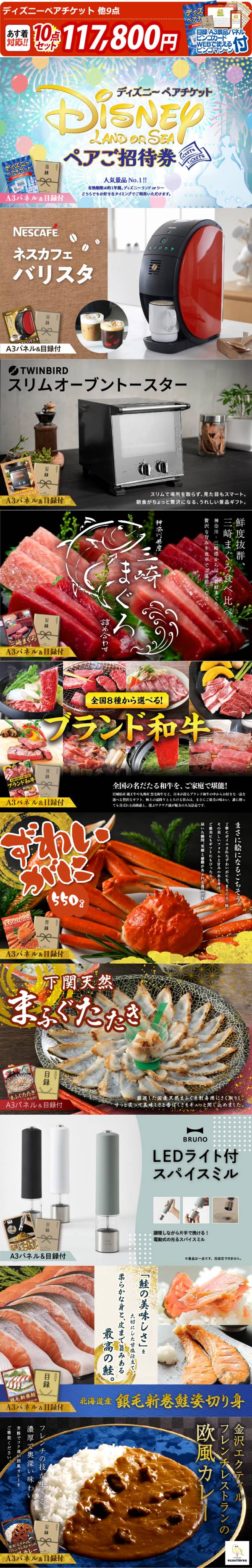 イベント景品10点セット ディズニーチケット ペア1dayパスポート ブルーレイディスクプレーヤー 他 A3パネル 目録付き 送料無料 景品の専門店 景品キング