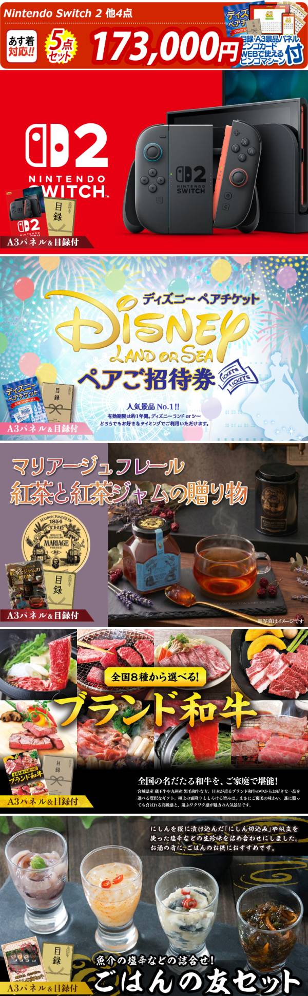 ビンゴ景品5点セット【Nintendo Switch 2/ディズニーペアチケット 他 