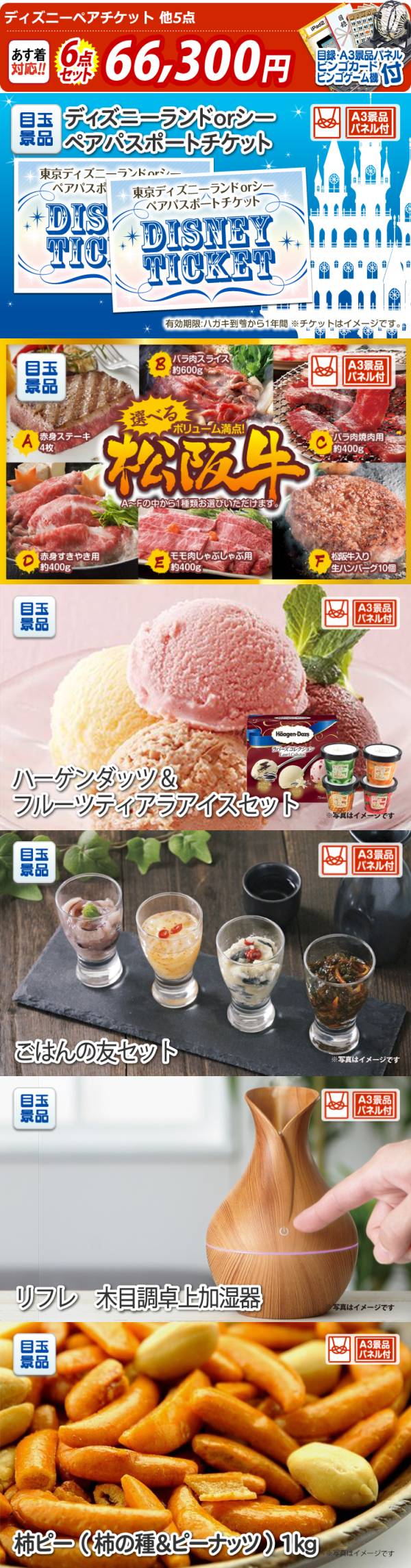 ビンゴ景品6点セット【ディズニーペアチケット/選べる一品景品 ビンゴ景品6点セット【ディズニーペアチケット/選べる一品景品