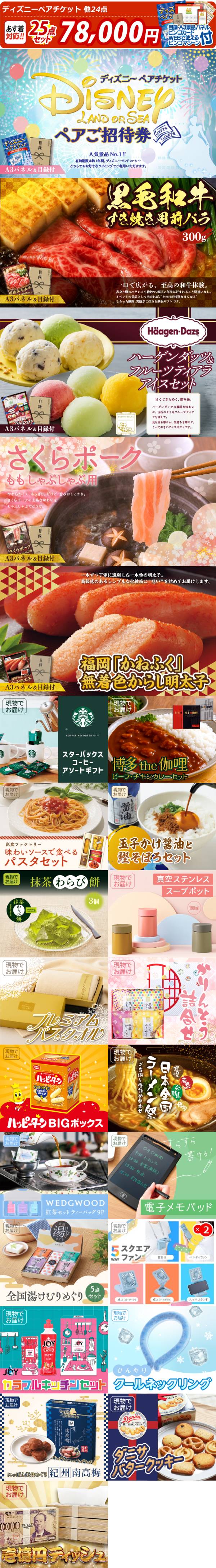 ビンゴ景品25点セット【ディズニーペアチケット/国産黒毛和牛前バラ