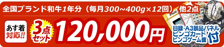 【目玉:全国ブランド和牛1年分(毎月300~400g×12回)】3点セット 3点セット 120000円