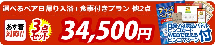 【目玉：選べるペア日帰り入浴+食事付きプラン】3点セット 3点セット 34500円