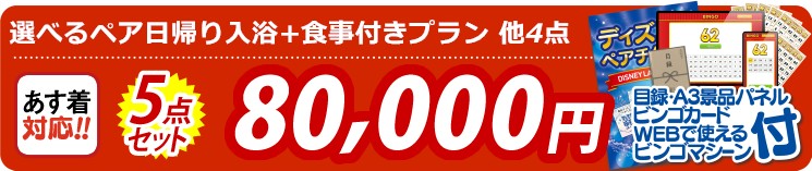【目玉：選べるペア日帰り入浴+食事付きプラン】5点セット 5点セット 80000円