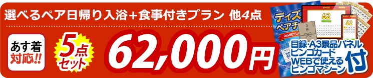 【目玉：選べるペア日帰り入浴+食事付きプラン】5点セット 5点セット 62000円