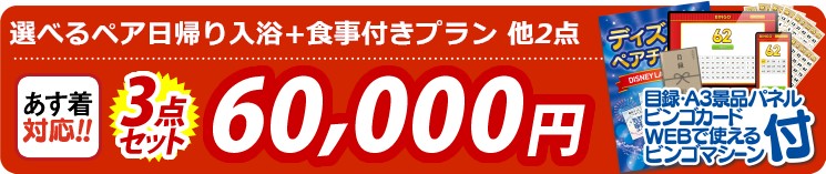 【目玉：選べるペア日帰り入浴+食事付きプラン】3点セット 3点セット 60000円