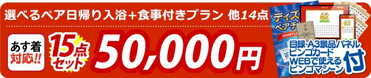 【目玉：選べるペア日帰り入浴+食事付きプラン】15点セット 15点セット 50000円